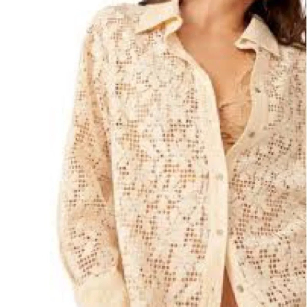 Free People Beige Lace Button-Down‎ Shirt